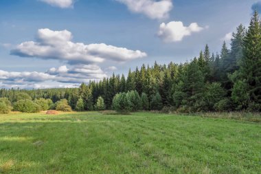 Güneşli bir yaz yılında haystacks ile kırsal manzara. Kırsal manzara mavi gökyüzünde bulutlar ile.