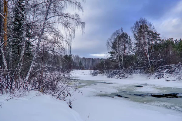 冬天的河流和覆盖着白霜的树枝 — 图库照片