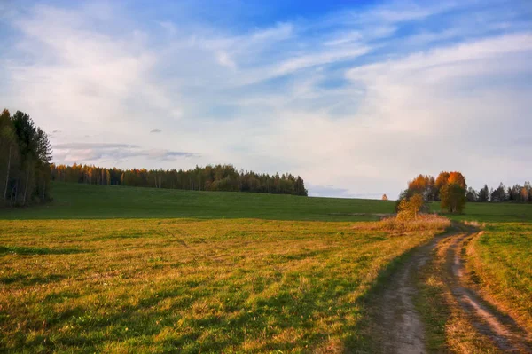 Otoño paisaje rural prado segado en el fondo de los árboles con follaje colorido — Foto de Stock