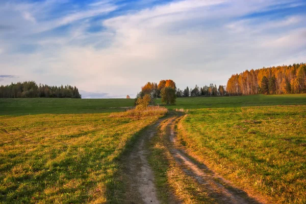 Otoño paisaje rural prado segado en el fondo de los árboles con follaje colorido — Foto de Stock