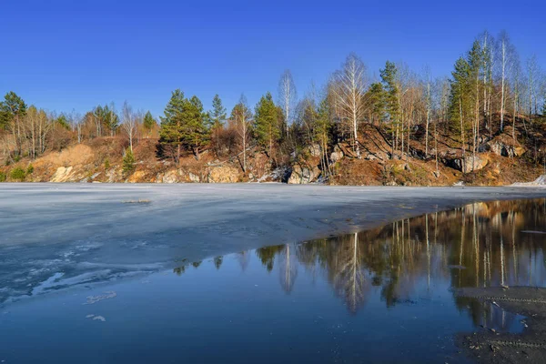 Vroege lente ijs smelt op een bos meer. — Stockfoto