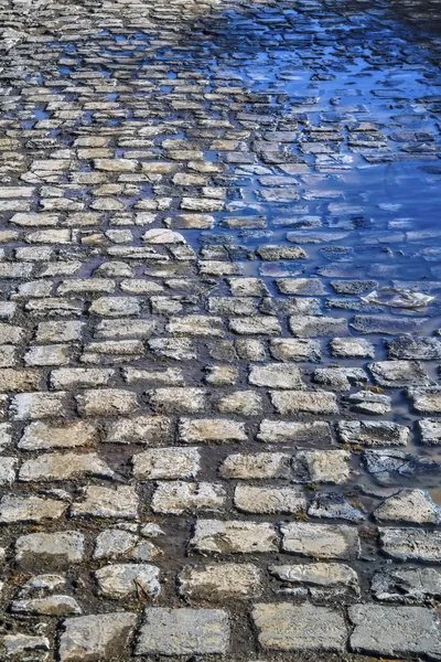 Blå vårhimmel återspeglas i vattenpölar på kullerstensbelagda trottoaren. — Stockfoto