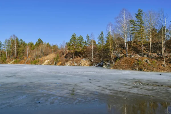 Early spring ice melts on a forest lake.