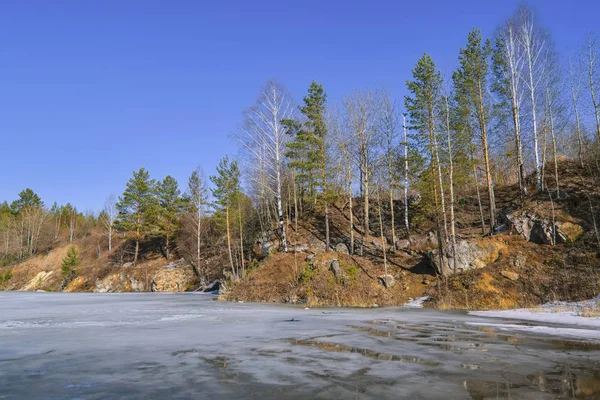 Early spring ice melts on a forest lake.