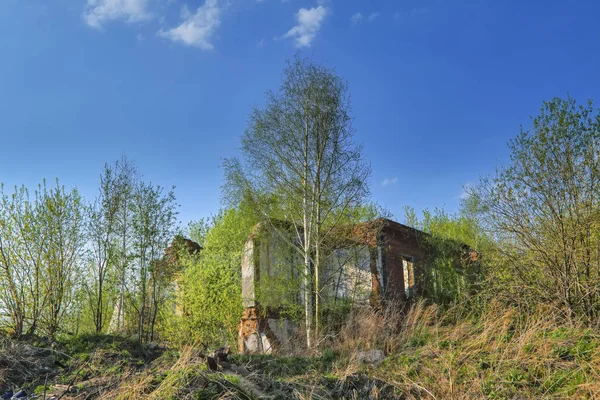 Old abandoned collapsing building. Landscape with the ruins of the old buildings.