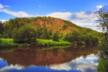 Ormanların ve dağların arka planında ağaçları yansıtan yaz manzara nehri.