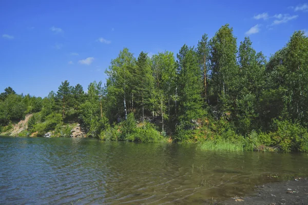 Летний пейзаж на берегу лесного озера с прозрачной голубой водой . — стоковое фото