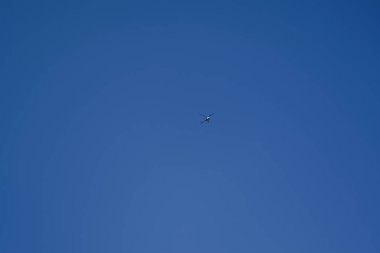 Bir hafif motorlu helikopter gökyüzünde yüksek uçar