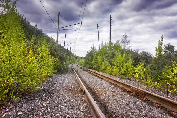 Old railway line in the mountains. Part of the old railway and old power line support near the forest and mountains. — Stock Photo, Image