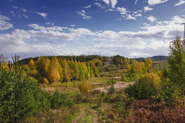 空と雲に対する山の森の木の秋の風景多色の葉. — ストック写真