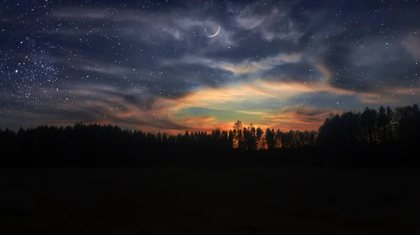 Gwiazdy i księżyc w tle nocnego nieba podczas zachodu słońca. — Zdjęcie stockowe