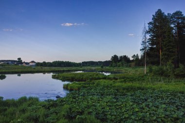 Bahar akşamında gölün üzerinde bulutlu bir arka planla güzel bir gün batımı manzarası..