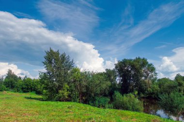 Nehir kenarındaki bir şehir parkında güzel bir bahar manzarası..