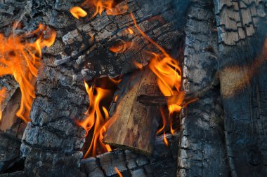 Şöminede odun yakıyorum. Yakacak odun ızgarada yanıyor. Doku ateşi.