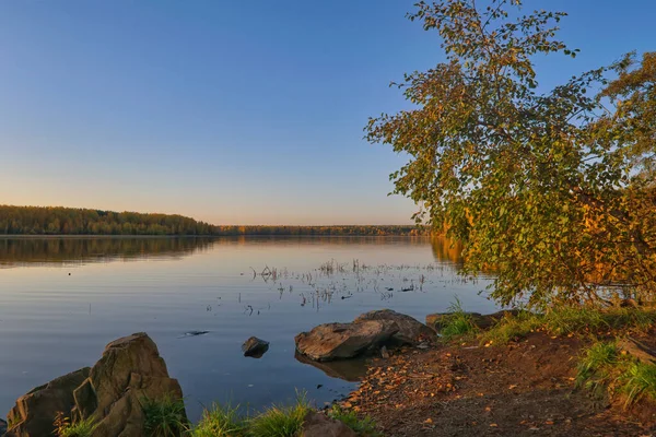 Paisagem pitoresca outono junto ao lago. Árvores e arbustos brilhantes. — Fotografia de Stock