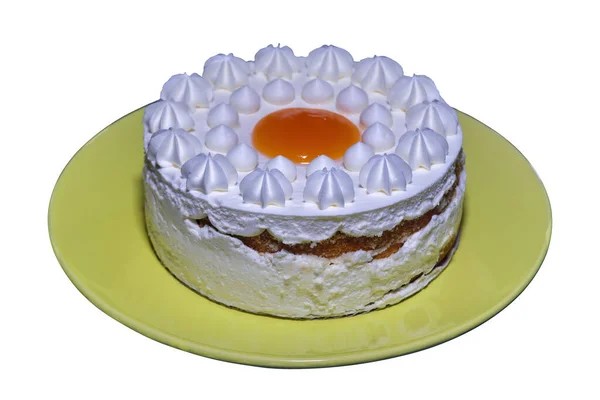 Uroczyste Niskokaloryczne Ciasto Jogurtowe Nadzieniem Brzoskwiniowym Talerzu Białym Talerzu Bliska — Zdjęcie stockowe
