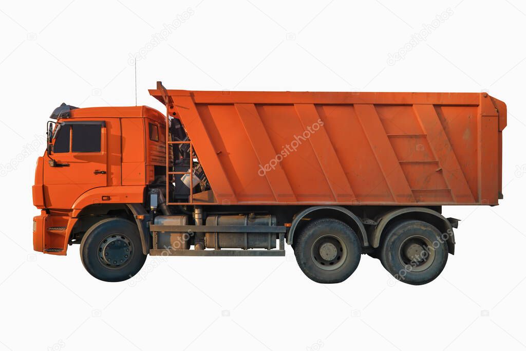 Heavy industrial orange tipper isolated over white background.