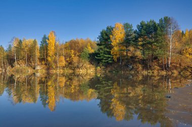Sonbahar manzarası, orman ağaçları durgun nehir suyuna yansıyor mavi gökyüzü ve bulutların arka planına karşı.