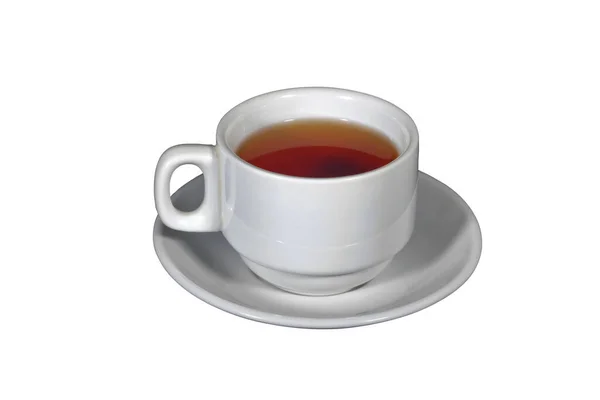 Weiße Porzellantasse Mit Heißem Schwarzen Tee Auf Weißer Untertasse Isolieren — Stockfoto
