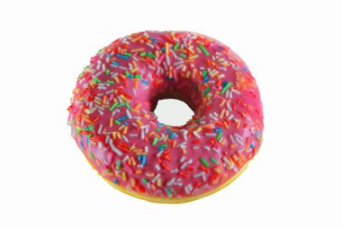 Pembe kremalı lezzetli çörek ve beyaz bir arka planda izole edilmiş çok renkli vermicelli şeker..