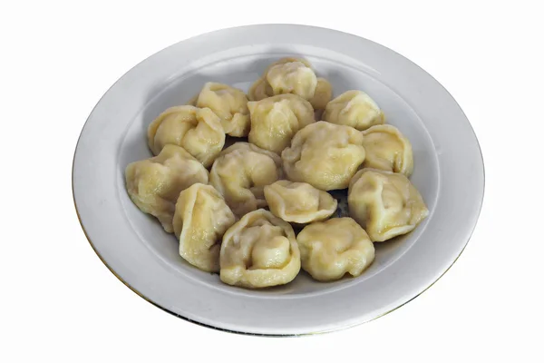 Kött Dumplings Ryska Pelmeni Ravioli Med Kött Platta Vit Bakgrund — Stockfoto