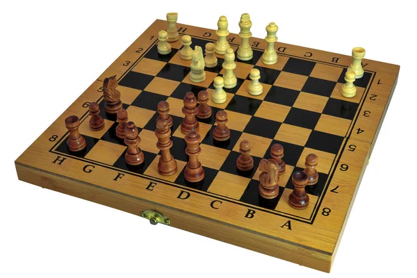 Schachfiguren Stehen Auf Einem Holzbrett Großaufnahme Isoliert Auf Weißem Hintergrund — Stockfoto