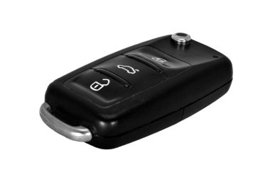 Siyah modern araba anahtarının izole edilmiş beyaz arka planı. Arabanın anahtarlığını kapat..