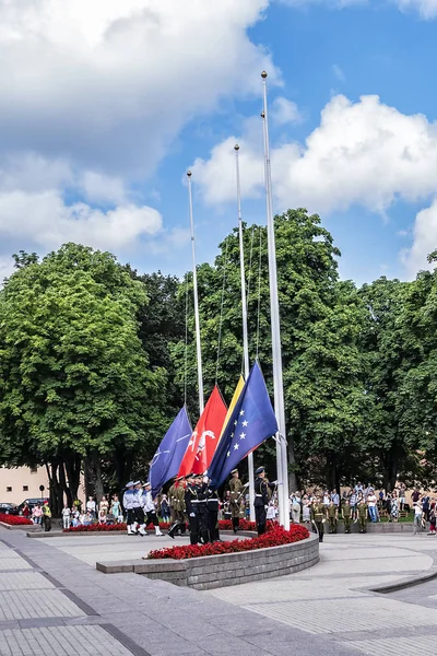 Vilnius Lituânia Julho 2019 Levantando Bandeiras Lituânia União Europeia Otan — Fotografia de Stock