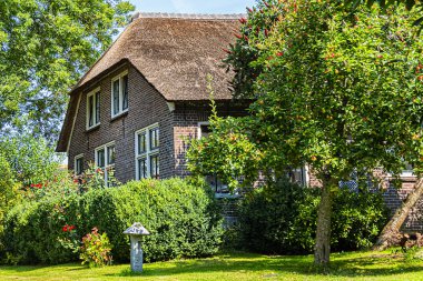 Hollanda 'nın Giethoorn kentindeki ünlü tipik Hollanda köyü manzarası. 