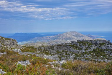Masa Dağı 'nın tepesinde. Table Dağı, Cape Town 'a bakan Güney Afrika' nın en ikonik simgesidir. Cape Town Güney Afrika.