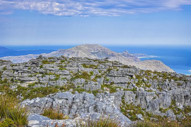 Masa Dağı 'nın tepesinde. Table Dağı, Cape Town 'a bakan Güney Afrika' nın en ikonik simgesidir. Cape Town Güney Afrika.