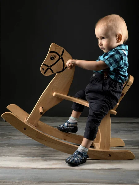 Tatlı küçük çocuk evde tahta at, çocukluk oyunları oynamak