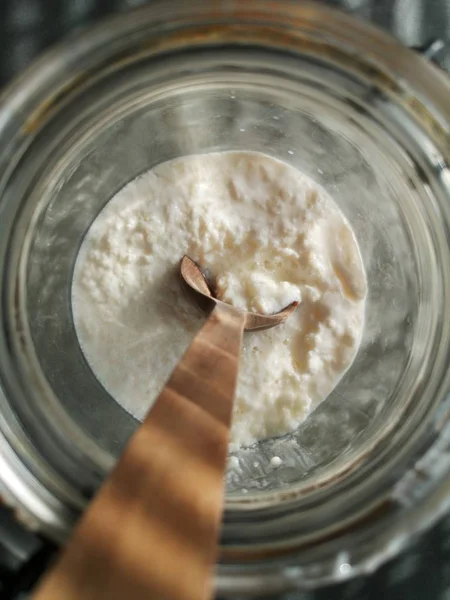 Grani Kefir Latte Probiotico Biologico Funghi Tibetani Cucchiaio Legno Latte — Foto Stock