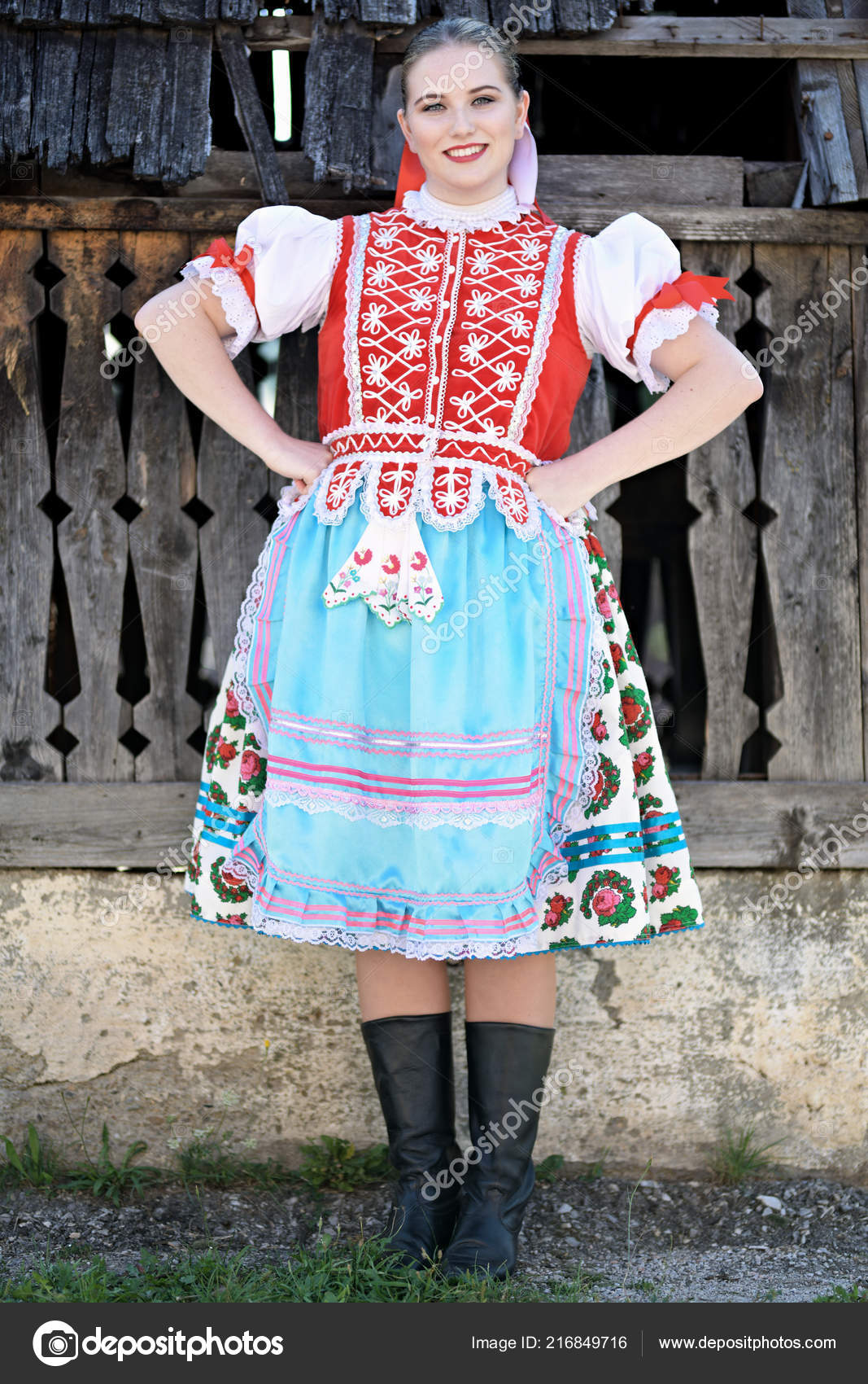 Young Beautiful Slovak Woman Traditional Costume Stock Photo by