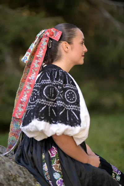 Young Beautiful Slovak Woman Traditional Costume Autumn Portrait — Stock Photo, Image