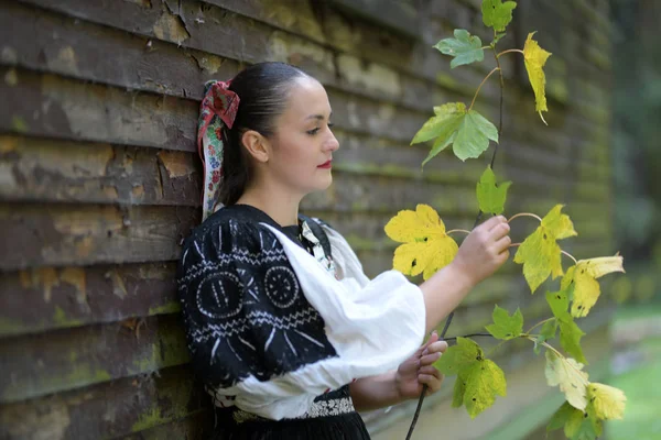 Unga Vackra Slovakiska Kvinnan Traditionell Dräkt Hösten Porträtt — Stockfoto