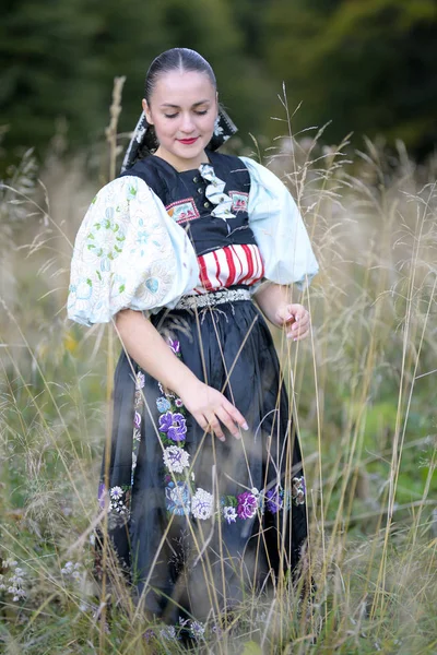 Красиві Словацька Брюнетки Традиційних Костюмах Осінній Портрет — стокове фото
