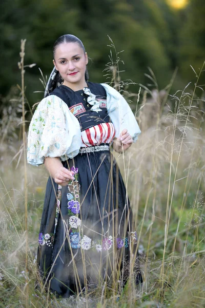 Unga Vackra Slovakiska Kvinnan Traditionell Dräkt Hösten Porträtt — Stockfoto