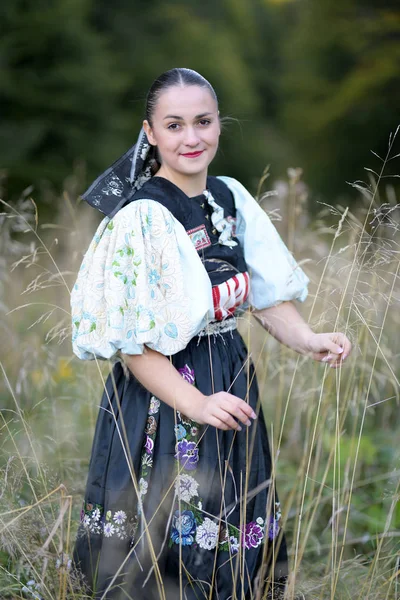 Νέοι Όμορφη Σλοβακικά Γυναίκα Παραδοσιακή Φορεσιά Πορτραίτο Του Φθινοπώρου — Φωτογραφία Αρχείου