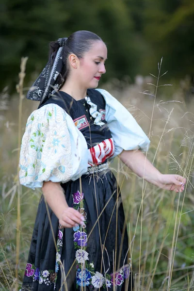 伝統的な衣装で若い美しいスロバキアの女性 秋の肖像画 — ストック写真