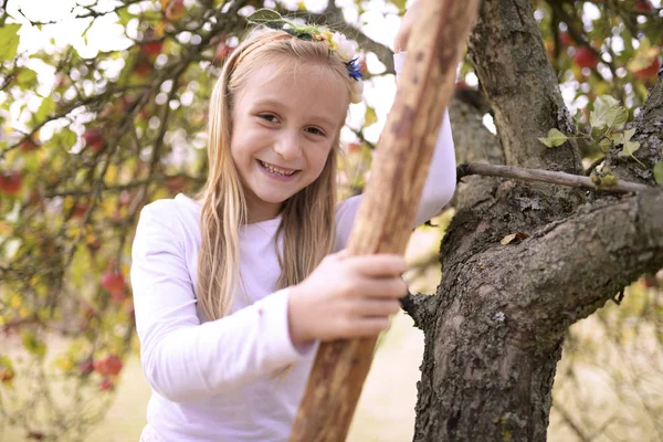 Jeune Fille Cueillette Des Pommes Rouges Dans Verger — Photo