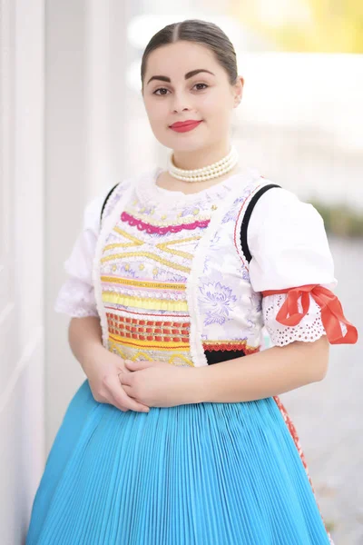 Young Beautiful Slovak Woman Traditional Costume — Stock Photo, Image