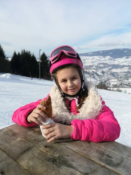 Girl Eating Hot Dog Winter Holiday — Stock Photo, Image