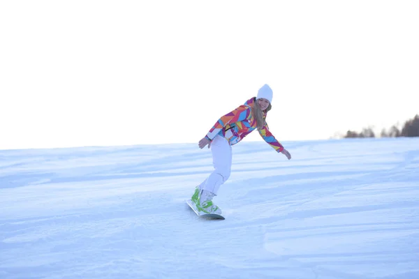 Mujer Snowboarder Una Pendiente Mañana Soleada —  Fotos de Stock