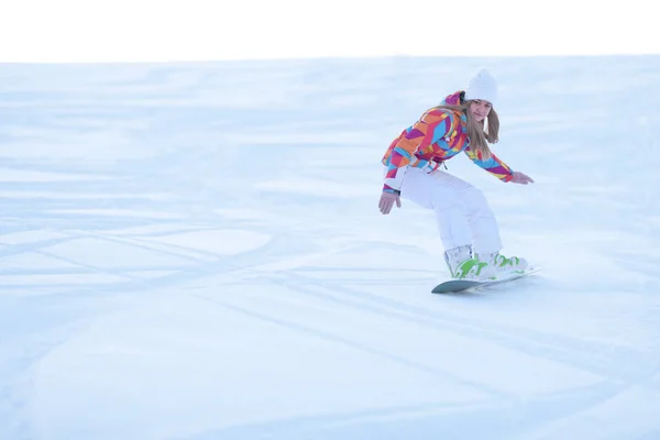 Női Snowboardos Lejtőn Napsütéses Reggel — Stock Fotó