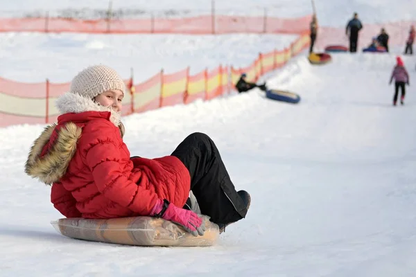 Happy Little Girl Sledding Hill Snowy Park — Stock Photo, Image