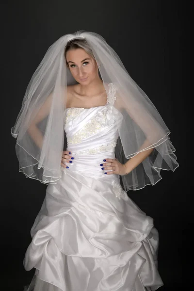 Beautiful Blonde Bride White Dress Black Background — Stock Photo, Image