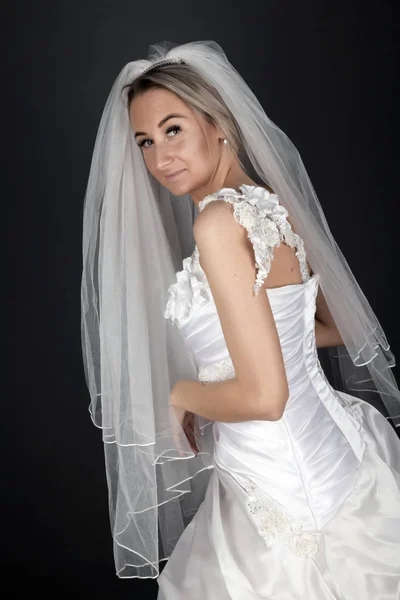 Beautiful Blonde Bride White Dress Black Background — Stock Photo, Image