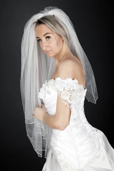 Beautiful Blonde Bride White Dress Black Background — Stock Photo, Image