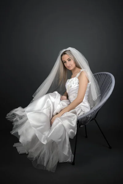 Beautiful Blonde Bride White Dress Black Background — Stock Photo, Image